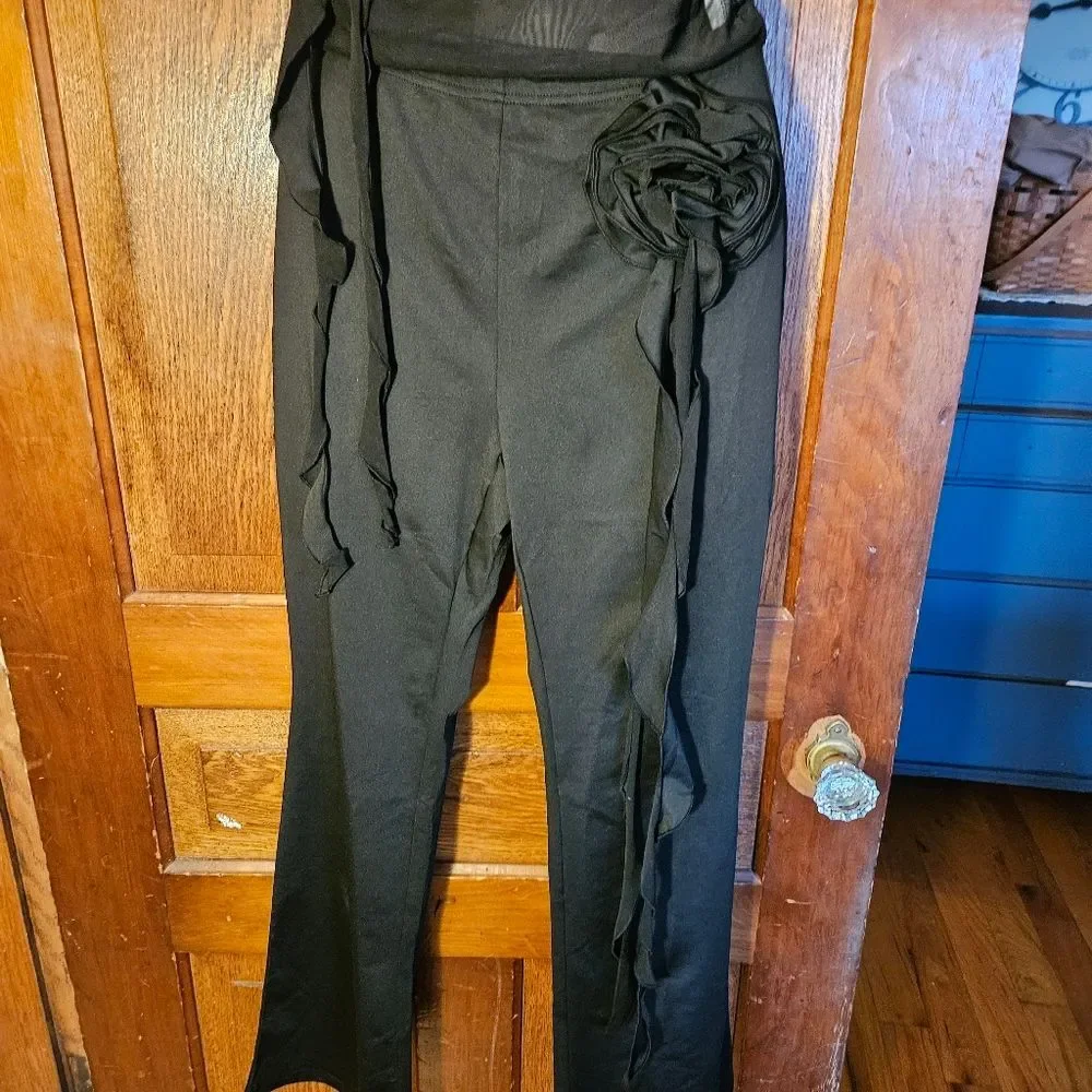 NWT Ekaliy Sheer 2pc Set Large Black Rose Applique Wide Leg Pant Outfit - Picture 3 of 12